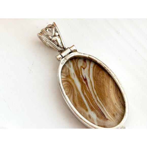 Utah Agate Brown & Gold Oval Floral Bail Sterling Silver 925 Vintage Pendant - Picture 7 of 10